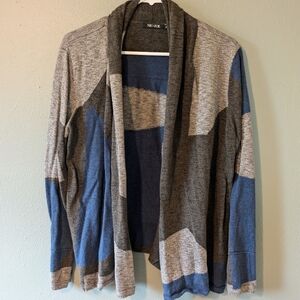 NIC + ZOE Mélange Gray Blue Geo Colorblock Shawl Draped Front Open Cardigan XL